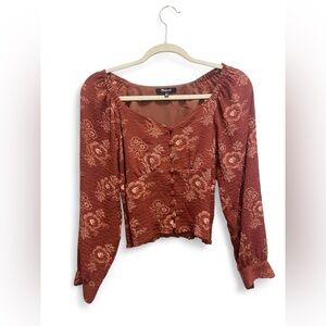 Madewell Rust Floral Button-Front Long Sleeve Top